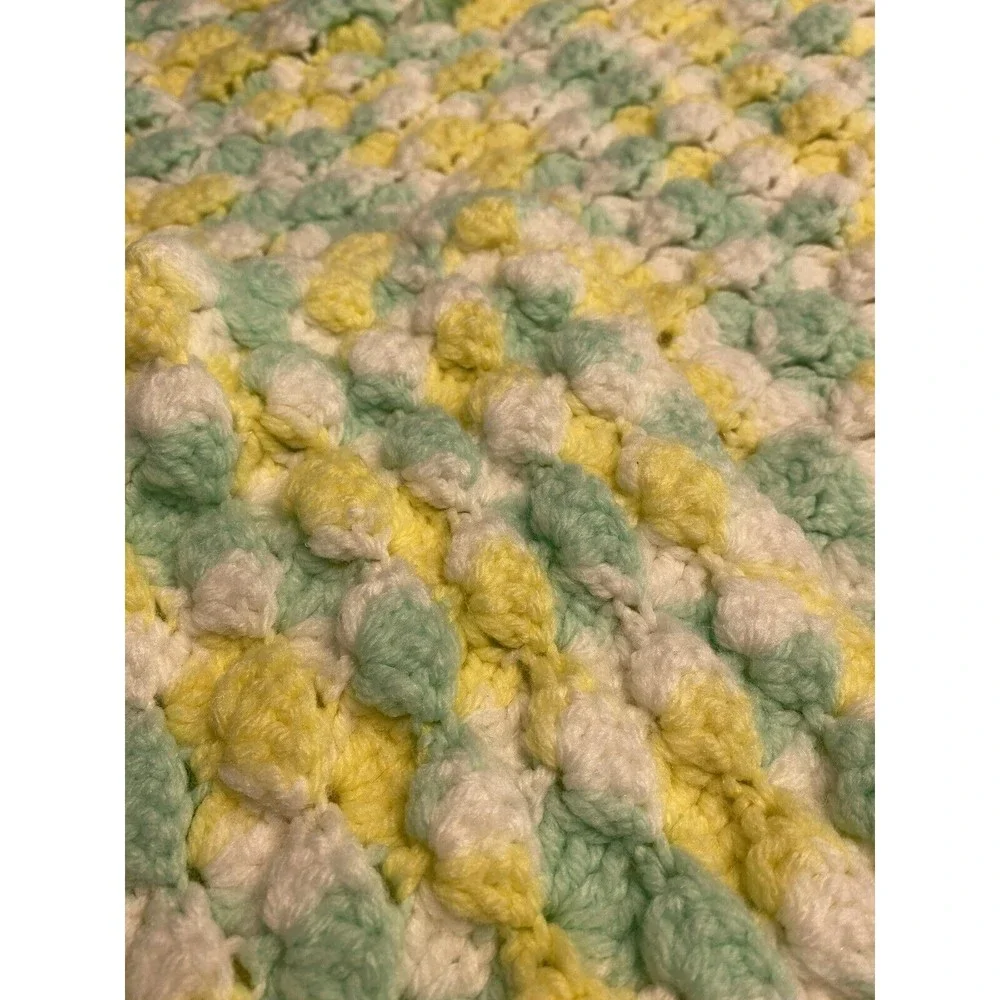 Vtg Handmade Crochet Yellow Green White Afghan Lap Crib Blanket Throw 32” x 65”